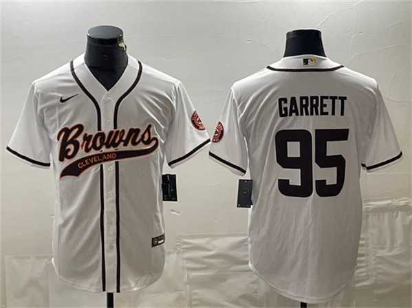Mens Cleveland Browns #95 Myles Garrett White With Patch Cool Base Stitched Baseball Jersey